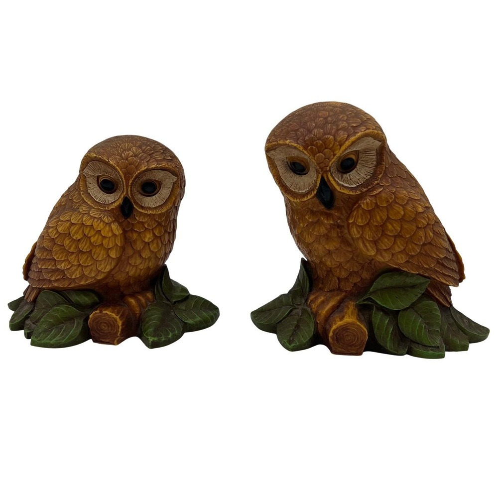 Homeco VTG 70s Owl Figurine Set 2pc Resin 7" 6" MCM Kitsch Textured Woodland